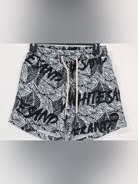 Men's Black & White Tropical Print Swim Shorts with Drawstring